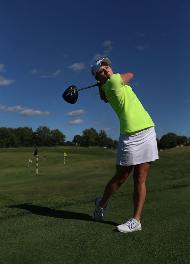 Iowa golfer Briana Midkiff practices her drive during media day at Finkbine on Tuesday, Aug. 25, 2015. The women’s golf team will open its season with the Diane Thomason Invitational on Sept. 12-13 at Finkbine. (The Daily Iowan/Margaret Kispert)
