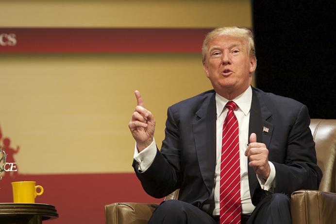 Real Estate Mogul Donald Trump talks during the Family Leadership Summit at Stephens Auditorium in Ames on Saturday, July 18, 2015. Each candidate had 20 to 25 minute to speak on stage. (The Daily Iowan/Jai Yeon Lee)