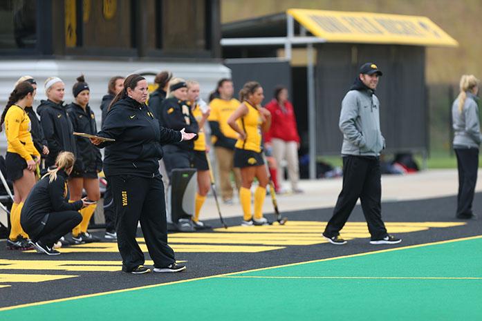 Iowa head coach Lisa Celluci reacts to a call made by the referees at Grant Field on Sunday, Oct. 12, 2014. Iowa defeated Miami, 3-1. (The Daily Iowan/John Theulen)