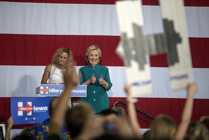 Former Secretary of State Hillary Clinton gives a thumbs up to a supporter during an event in Des Moines on Sunday, June 14, 2015. Clinton formally launched her Iowa campaign and spoke with supporters about her plans for the upcoming election. (The Daily Iowan/Sergio Flores)