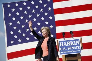 Sarah O'Brien/The Daily Iowan Senator Hillary Clinton waves to the crowd after her speech at the Harkin Steak Fry in Indianola, Iowa, on Sunday, September 16, 2007. Clinton told the crowd what her goals will be if she is elected to the White House.