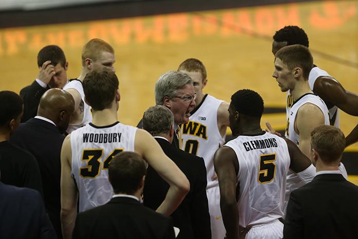 Iowa head coach Fran McCaffery yells at the team during a timeout in  the game against Minnesota at Carver-Hawkeye Arena on Thursday, Feb. 12, 2015 in Iowa City, Iowa. The Gophers defeated the Hawkeyes, 64-59. (The Daily Iowan/Joshua Housing)
