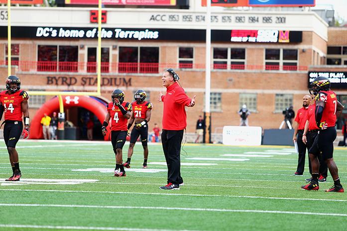 Maryland head coach Randy Edsall reacts to a call by the referees during the game against Iowa in Byrd Stadium on Saturday, October 18, 2014 in College Park, Maryland. Maryland defeated Iowa, 38-31. (The Daily Iowan/Tessa Hursh)