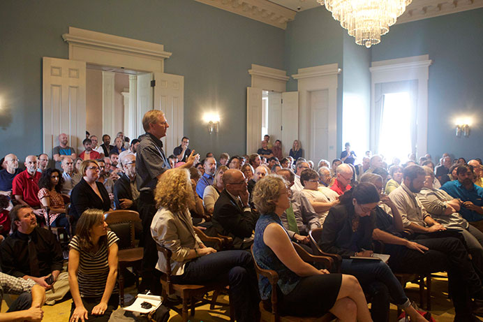 University of Iowa faculty gather for an emergency meeting inside the Old Capitol building Tuesday. The group discussed calling for a no-confidence vote in the state Board of Regents. (The Daily Iowan/Carly Matthew)