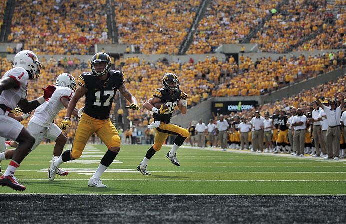 Iowa wide receiver Matt VandeBerg zips into the end zone for a touchdown in the third quarter of the Iowa-Illinois State game in Kinnick on Sept. 5. The Hawkeyes defeated the Redbirds, 31-14. (The Daily Iowan/Margaret Kispert)