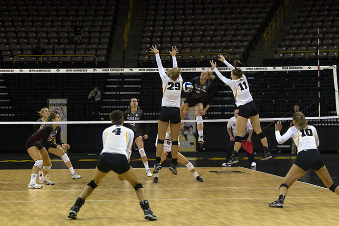 Iowa’s Jess Janota (29) blocks a spike against Texas A&M in Carver-Hawkeye on Sept. 12. The Hawkeyes defeated the Aggies, 3-1. (The Daily Iowan/Peter Kim)