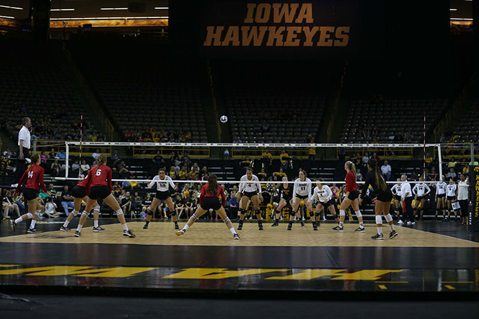 The Iowa volleyball team plays against Nebraska team in Carver-Hawkeye on Wednesday. The Hawkeyes lost to the Cornhuskers, who are ranked No. 4 in the nation. (The Daily Iowan/Lexi Brunk)