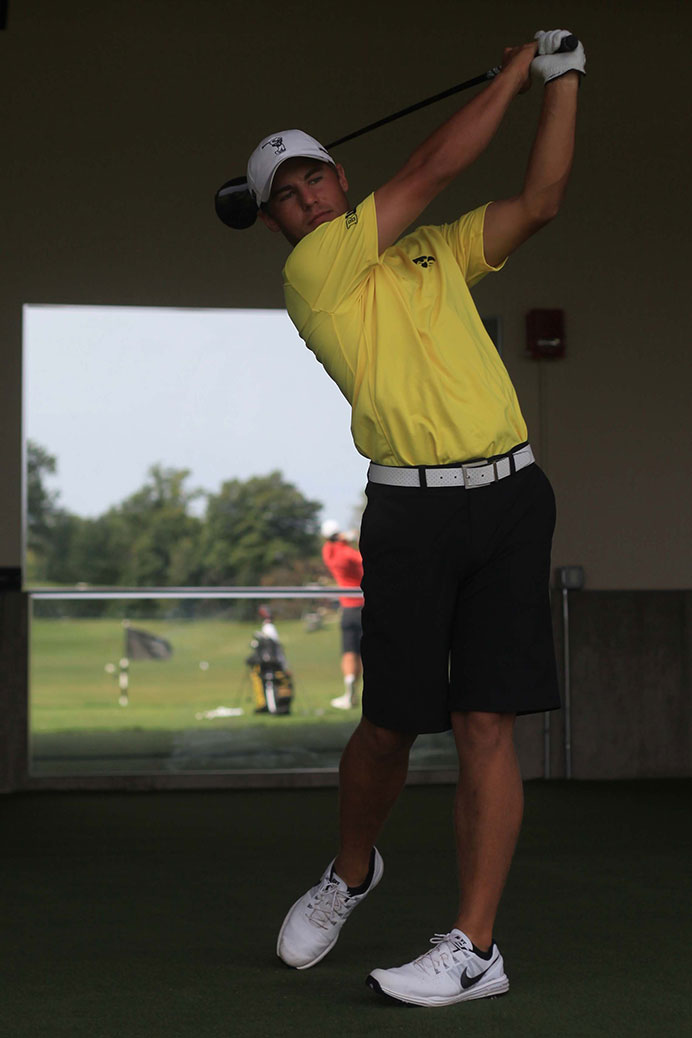 Iowa golfer Carson Schaake practices his swing at Finkbine on Sept. 17, 2015. Iowa will head to the annual Golfweek Conference Challenge at Spirit Hollow Golf Course in Burlington. (The Daily Iowan/Margaret Kispert)
