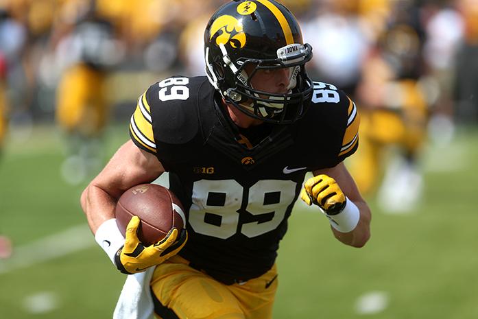 Iowa wide receiver Matt VandeBerg runs with the ball in Kinnick Stadium on Saturday, Sept. 5, 2015. The Hawkeyes defeated the Redbirds, 31-14.
