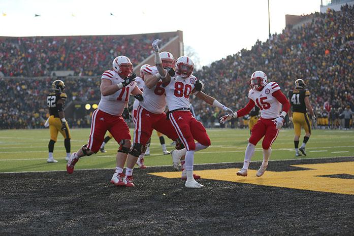 Nebraska+wide+receiver+Kenny+Bell+celebrates+his+game+winning+touchdown+with+teammates+in+Kinnick+Stadium+on+Friday%2C+Nov.+28%2C+2014.+Bell+received+for+53+yards+and+had+two+touchdowns.+Iowa+was+defeated+by+Nebraska+in+overtime%2C+37-34.+%28The+Daily+Iowan%2FMargaret+Kispert%29