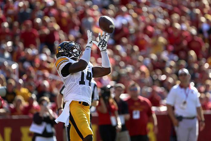 Iowa defensive back Desmond King punt returns the ball during the Cy-Hawk Series game against Iowa State in Jack Trice Stadium in Ames, Iowa on Sept. 12, 2015. The Hawkeyes defeated the Cyclones, 31-17. (The Daily Iowan/ Alyssa Hitchcock)
