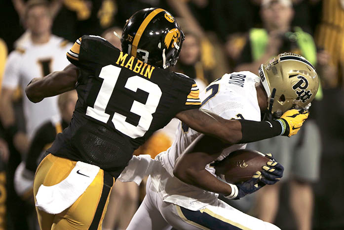 Pittsburgh Panthers wide receiver Tyler Boyd (23) scores a touchdown against Iowa in Kinnick Stadium on Saturday, Sept. 19, 2015. The Hawkeyes beat the Panthers, 27-24. (The Daily Iowan/Joshua Housing)
