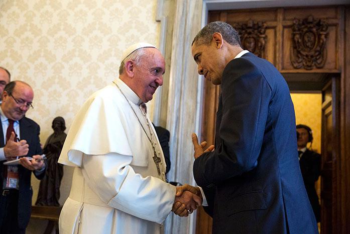 President Barack Obama bids farewell to Pope Francis following a private audience at the Vatican, March 27, 2014. (Official White House Photo by Pete Souza)

This official White House photograph is being made available only for publication by news organizations and/or for personal use printing by the subject(s) of the photograph. The photograph may not be manipulated in any way and may not be used in commercial or political materials, advertisements, emails, products, promotions that in any way suggests approval or endorsement of the President, the First Family, or the White House.