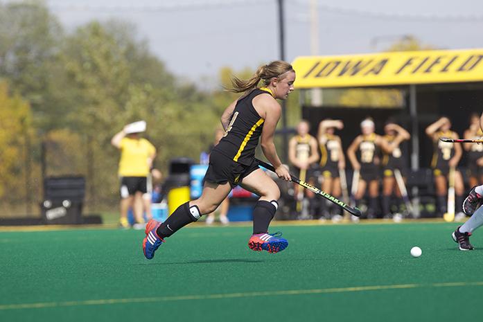 Iowa midfielder Pommeline Korstanje runs the ball during a game against Indiana at Grant Field on Friday, Sept. 26, 2014. The Hawkeyes defeated the Hoosiers, 4-1. (The Daily Iowan/Alyssa Hitchcock)
