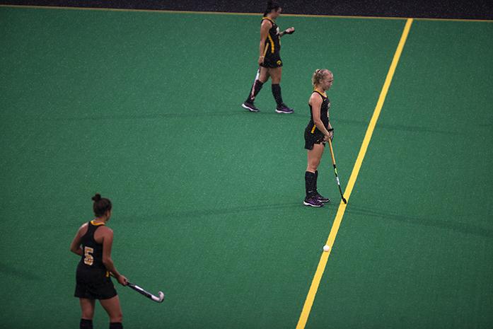 Iowa midfielder Makenna Grewe and other players wait for Rutgers after an Iowa goal at Grant Field on Friday, Sept. 18, 2015. The Hawkeyes defeated the Scarlet Knights, 4-3. (The Daily Iowan/Joshua Housing)