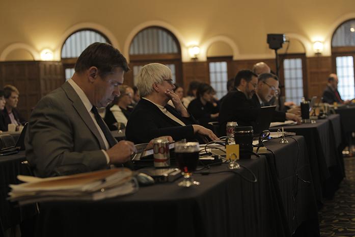 Board of Regents members gather in the IMU Main Lounge on Wed. March 11, 2015. The State of Iowa Board of Regents meet to discuss the future of universities in Iowa. (The Daily Iowan/Courtney Hawkins)