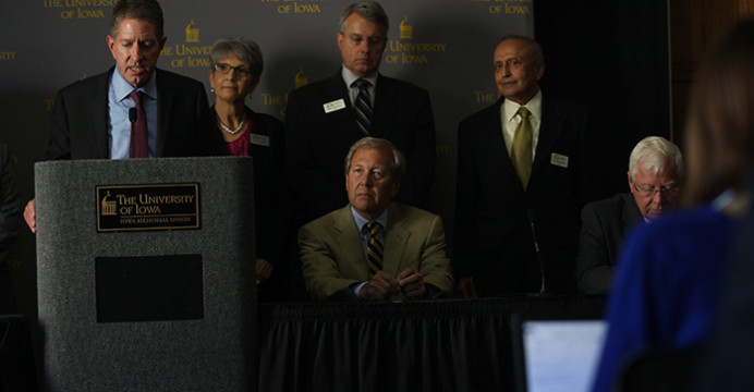 Iowa Board of Regents President Bruce Rastetter announced the newly appointed President Bruce Harreld during a meeting in the IMU on Thursday, Sept. 3, 2015. Harreld is the 21st president of the University of Iowa. (The Daily Iowan/Margaret Kispert)