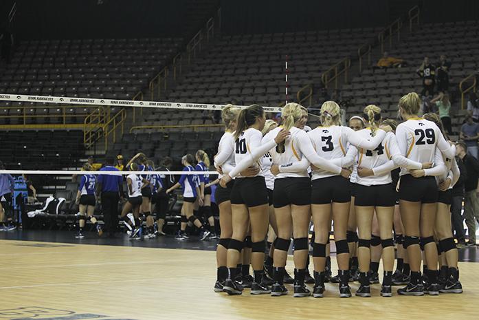 Iowa volleyball team prepares for the Drake vs. Iowa volleyball match inside of Carver-Hawkeye Arena on Saturday, Sept. 19, 2015. Iowa beat Drake, 3-0. (The Daily Iowan/Courtney Hawkins)