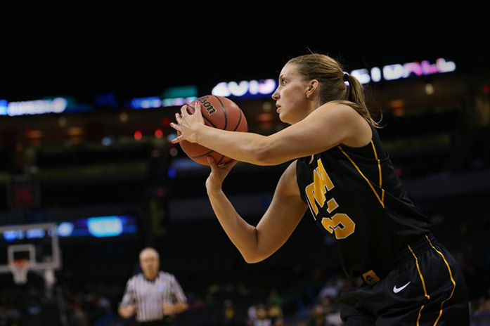 Iowa forward Kali Peschel attempts to shoot the ball during the Iowa-Baylor game of the Sweet Sixteen round of the NCAA tournament in Chesapeake Energy Arena in Oklahoma City on Friday, March 27, 2015. The Hawkeyes were defeated by the Bears, 81-66. (The Daily Iowan/Margaret Kispert)