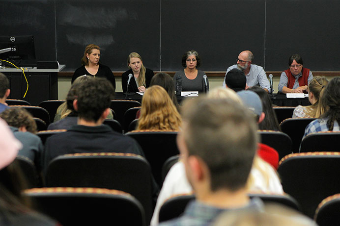 A panel made up of different policymakers, advocates, researchers, legislators, and administrators discuss their roles in shaping different policies relating to poverty within the area. The discussion was at the English Philosophy Building on campus Thursday night October 22nd, 2015. (The Daily Iowan/Kyle Close)