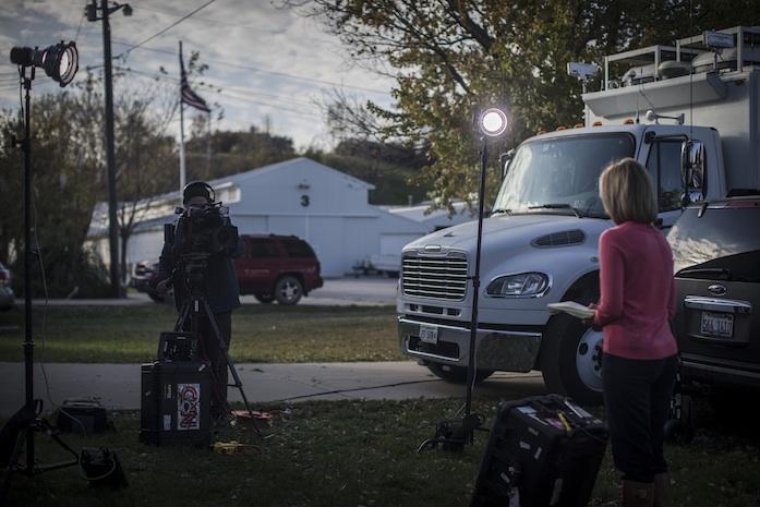 A national network news team sets up to cover a presidential stump speech in Iowa on Oct. 18, 2015.  State Republican insiders say there are four must-hit events that GOP presidential hopefuls should attend before the 2016 Iowa Caucus. (The Daily Iowan/Jordan Gale)