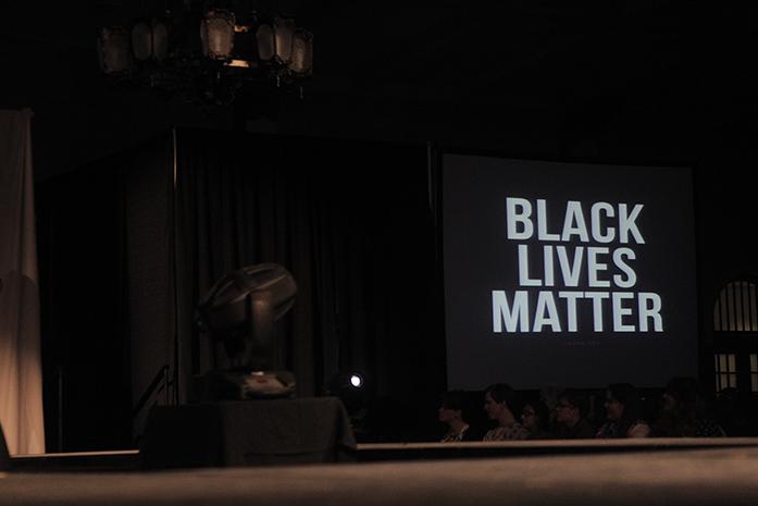FILE - The Black Lives Matter logo is shown at the Walk it Out fashion show in the IMU Main Lounge on Saturday, April 11, 2015. Walk it Out is a multicultural fashion show showcasing diversity within the university where portion of the sales goes to UIHC HIV/AID clinics. (The Daily Iowan/Courtney Hawkins, file)