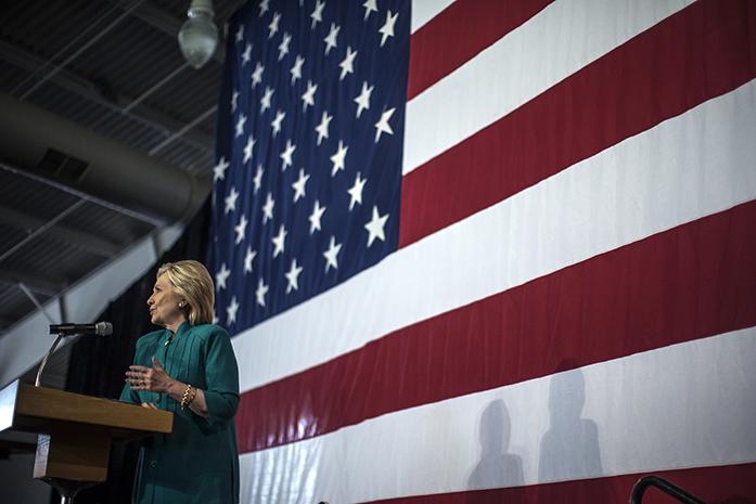 Former secretary of state Hillary Clinton addresses a crowd in Des Moines on Sunday, June 14, 2015. Clinton was in Iowa to formally announce her Iowa campaign, she stopped in Des Moines and Burlington. (The Daily Iowan/Sergio Flores)