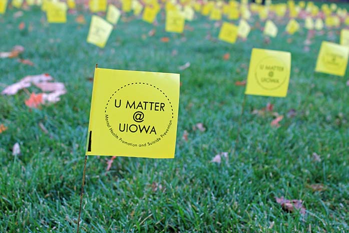 The Active Minds at University of Iowa Counseling Services hosts the Field of Memories in the Pentacrest on Wednesday, Oct. 28, 2015. Students are asked to sign each flag, which represent the number of students who kill themselves each year, with an encouraging message to show that they care. 