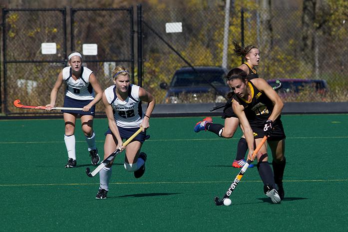 Iowa Back Defense Jessy Silfer drives the ball during the game against Penn State game at Grant Field, Iowa City, IA, on Saturday, Oct. 25, 2014. Hawkeye defeated the Nittany Lions, 4-0. (Daily Iowan/Peter Kim)