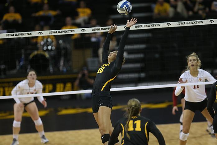 Iowa setter Loxley Keala set the ball during the Cy-Hawk Series in Carver-Hawkeye Arena on Friday, Sept. 11, 2015. The Hawkeyes defeated the Cyclones for the first time in 18 years, 3-1. (The Daily Iowan/Margaret Kispert)