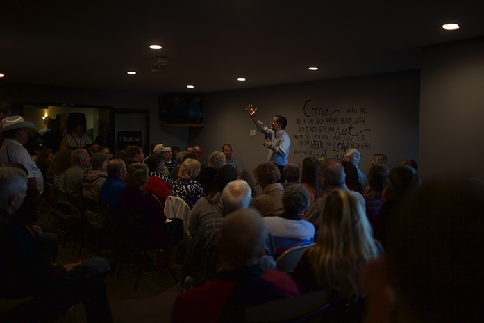Junior U.S. Senator Ted Cruz speaks to an audience about his future political strategies inside the Dutch Country Inn in Kalona, Iowa on Wednesday, Oct. 14. Cruz will run for the 2016 presidential race as a republican. (The Daily Iowan/Brooklynn Kascel)
