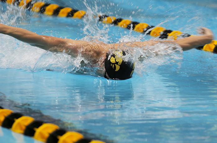 Iowa mens swimmer Jackson Allen competes in the 100 yard IM Thursday night October 15th, 2015 in Iowa City. Allen won his event touching in at 51.55. (The Daily Iowan/Kyle Close)