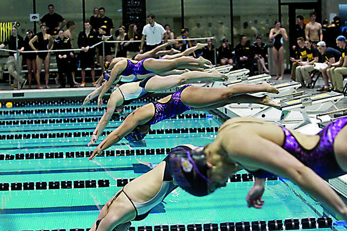 Women+swimmers+dives+into+the+water+to+start+the+free+swim+at+the+Iowa+Senior+Meet+in+CRWC+on+Friday%2C+Feb.+7%2C+2014.+The+Hawkeyes+defeated+Western+Ill.+107-80.+%28The+Daily+Iowan%2FMargaret+Kispert%29