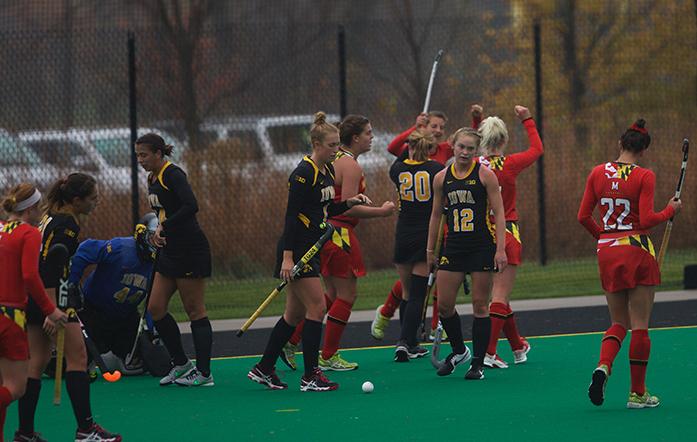 Maryland players celebrate their first goal at Grant Field on Saturday, Oct. 31, 2015. Iowa fell to Maryland, 2-1, in double overtime. (The Daily Iowan/Rachael Westergard)