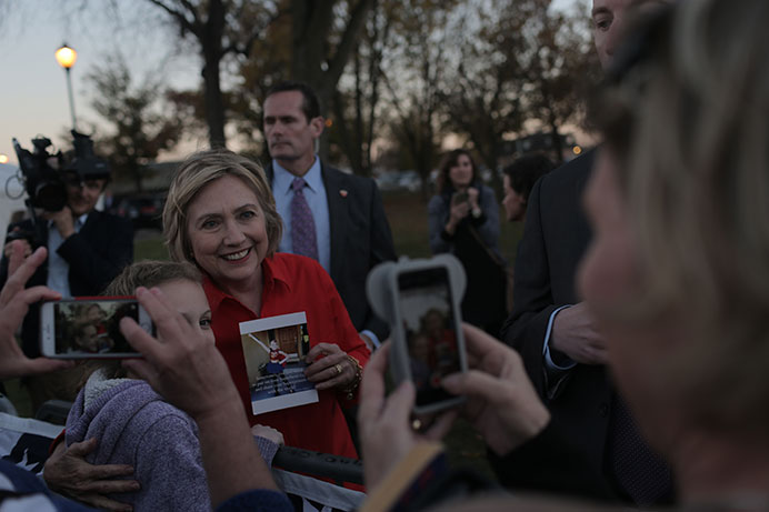 Democratic presidential candidate Hillary Clinton poses for a photo after her speech in Coralville's S.T. Morrison Park on Tuesday, Nov. 3, 2015. Clinton discussed issues including gun control, minimum wage and veterans affairs. (The Daily Iowan/Brooklynn Kascel)