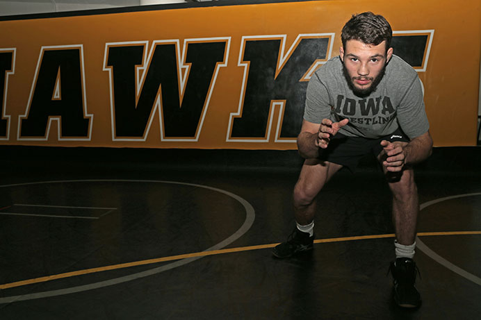 Iowa 125-pounder Thomas Gilman stands during media day in the Dan Gable complex in Carver-Hawkeye Arena on Thursday, Nov. 5, 2015. Gilman is one of the four All-Americans returning to the team this season. (The Daily Iowan/Rachael Westergard)