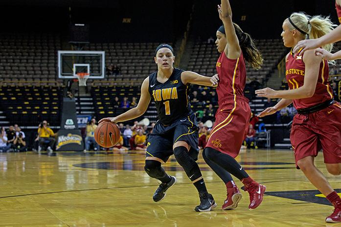 Iowa guard Alexa Kastanek dribbles the ball in Carver-Hawkeye Arena on Thursday, Dec. 11, 2014. The Hawkeyes defeated the Cyclones, 76-67. (The Daily Iowan/Alyssa Hitchcock)
