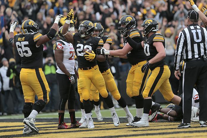 Iowa wide receiver LeShun Daniels, Jr. celebrates a touchdown during the game against Maryland in Kinnick Stadium on Oct. 31, 2015. Daniels had one touchdown on the game. The Hawkeyes defeated the Terrapins to stay undefeated, 31-15. (The Daily Iowan/Alyssa Hitchcock)