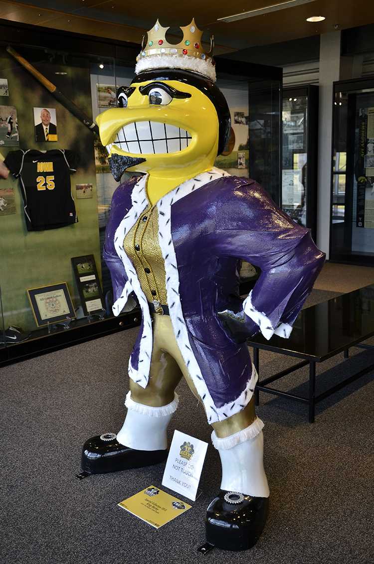 New Herky statues, painted by artists in the community, are on display at the University of Iowa Hall of Fame. (Daily Iowan/Karley Finkel)
