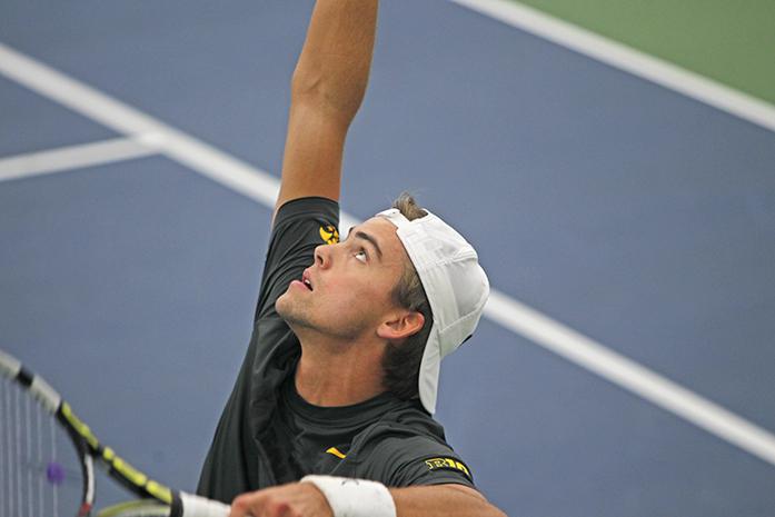 Iowa senior Nils Hallestrand serves the ball during the BIG Tens Single Championship in the Indoor Tennis Complex on Saturday, Nov. 7, 2015. (The Daily Iowan/Courtney Hawkins)