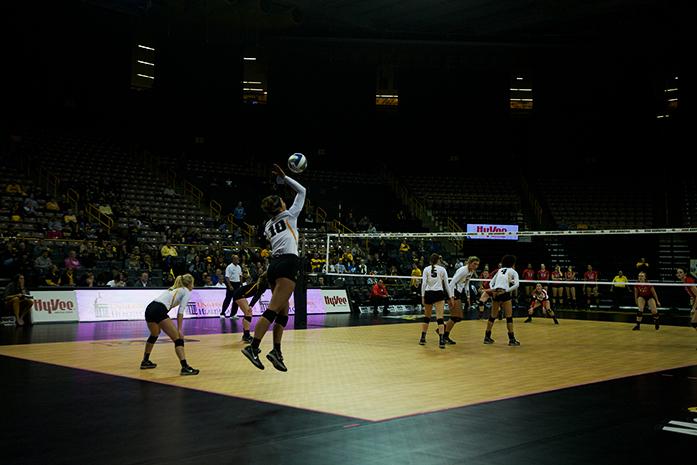 Loxley+Keala+serves+the+ball+in+a+womens+volleyball+game+against+Rutger+on+Saturday%2C+Oct.+31%2C+2015+at+Carver-Hawkeye+Arena.+Iowa+defeated+Rutger%2C+3-0.+%28The+Daily+Iowan%2FRebecca+Bright%29
