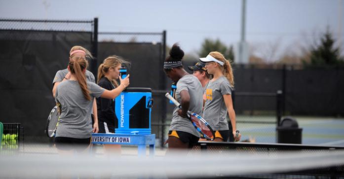 Players take a break during practice on Tuesday, Oct. 20 at the Hawkeye Tennis and Recreation Complex. The womens tennis team has four freshmen on the team this season. (The Daily Iowan/Rachael Westergard)