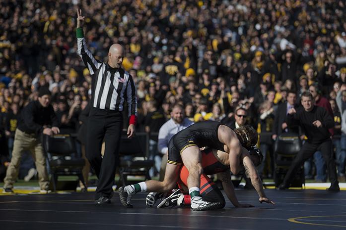 Referee signals two point scored for the Hawkeyes at the Kinnick Stadium on Saturday, Nov. 14, 2015. The Hawkeyes defeated the Pistol Pete, 18-16. (The Daily Iowan/Peter Kim)