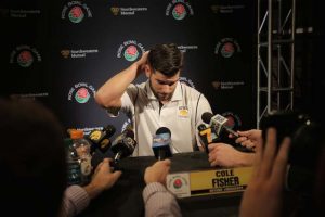 Iowa linebacker Cole Fisher talks to the press during the his defense’s press conference in the LA Hotel Downtown on Dec. 28.