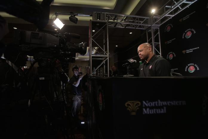 Stanford head coach David Shaw talks to the media during Stanfords Media Conference inThe LA Hotel Downtown in Los Angeles on Tuesday, Dec. 29, 2015. Stanford will play Iowa in the 102nd Rose Bowl on Jan. 1, 2016. (The Daily Iowan/Margaret Kispert)