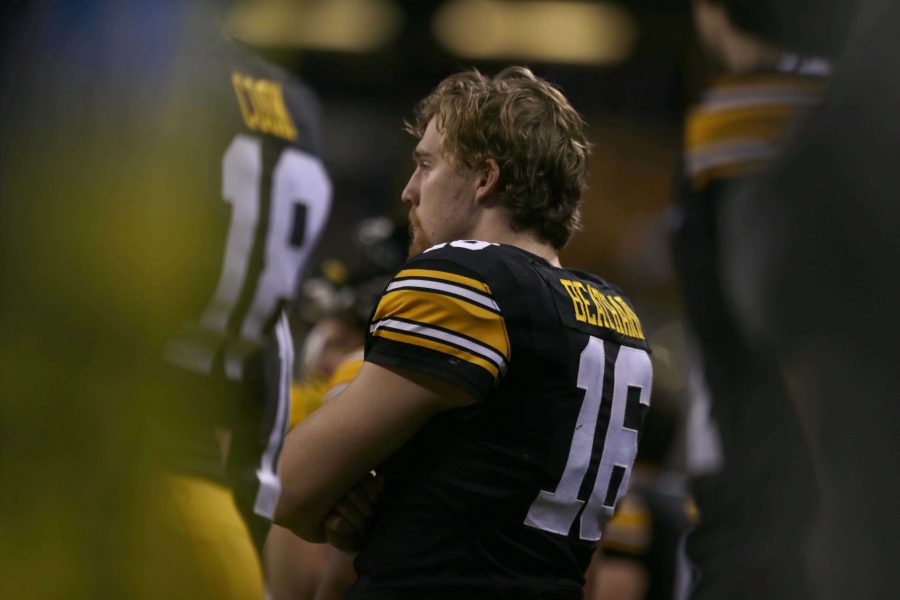 Iowa quarterback C.J. Beathard watches from Iowas bench during the Big Ten Championship against Michigan State in Lucas Oil Stadium in Indianapolis, Indiana on Saturday, Dec. 5, 2015. The Spartans defeated the Hawkeyes, 16-13. (The Daily Iowan/Alyssa Hitchcock)