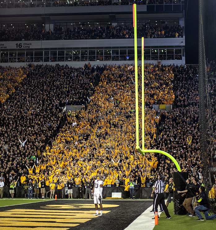Panther receiver Tyler Boyd watches the ball sail over the crossbar in the closing seconds of the Hawkeye-Pitt game on Sept. 19. The Hawkeyes defeated the Panthers, 27-24. (The Daily Iowan/Sergio Flores)