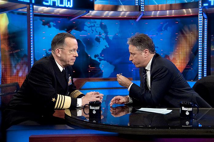 100106-N-0696M-127
NEW YORK (Jan. 6, 2009) Chairman of the Joint Chiefs of Staff Adm. Mike Mullen is interviewed by John Stewart during a taping of the Daily Show. (U.S. Navy photo by Mass Communication Specialist 1st Class Chad J. McNeeley/Released)