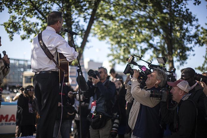 Former Maryland Governor Martin OMalley performs a song during a rally in Des Moines on Saturday, Oct. 24, 2015. OMalley performed some music and gave a speech before attending the Jefferson-Jackson Dinner. (The Daily Iowan/Sergio Flores)