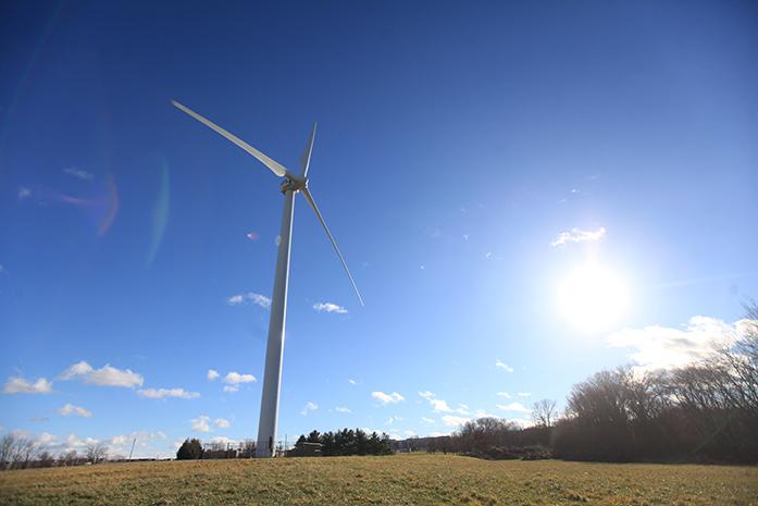 A wind turbine generates power in Cedar Rapids on Thursday, Dec. 10, 2015. The turbine is located on the Kirkwood Community College campus. (The Daily Iowan/Rachael Westergard)
